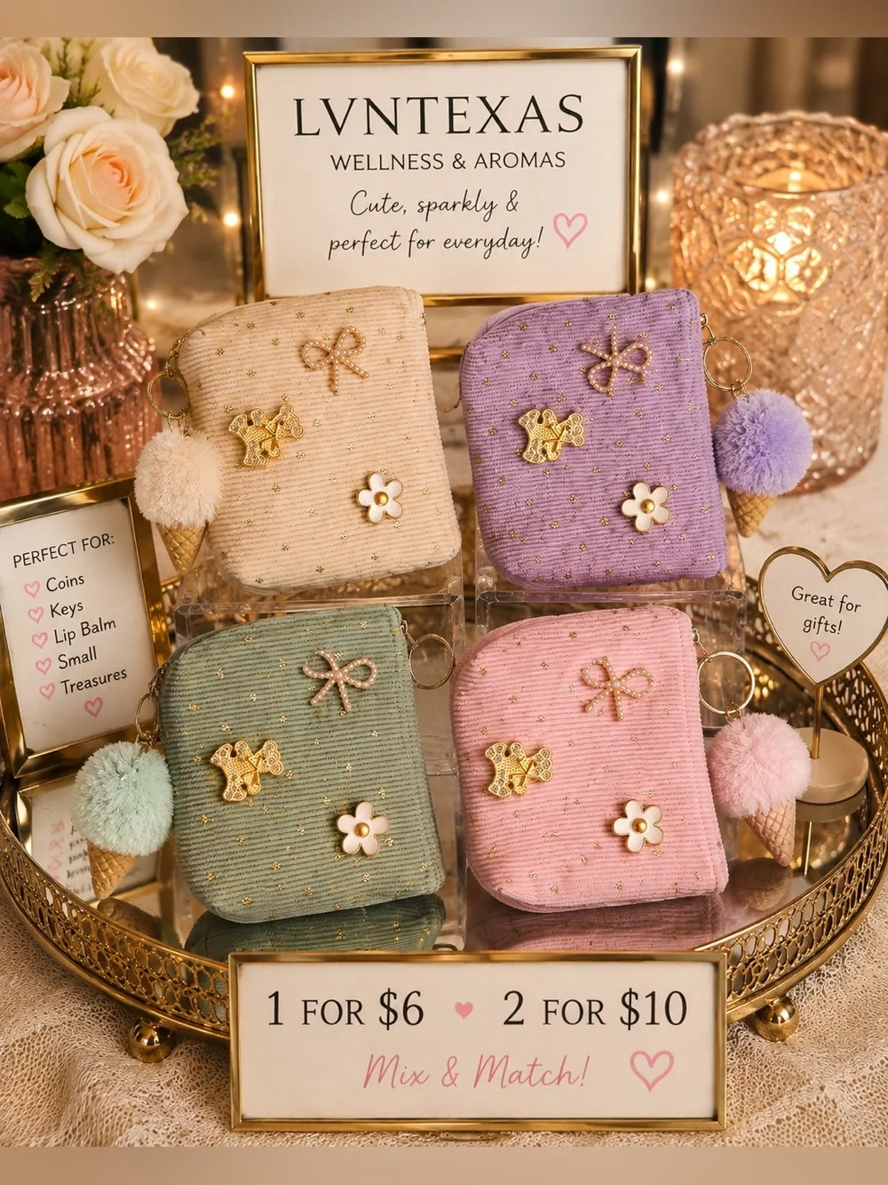 NWOT Embellished Corduroy Zip Coin Pouch - Pink, Purple, Green, Cream